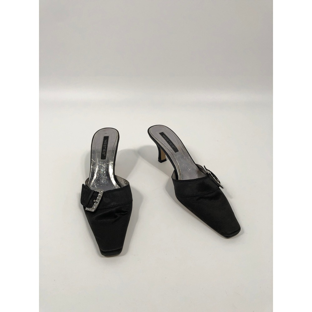 VTG Y2K Kitten Heels Womens 7 Black Buckle Pointed Toe 90s Minimalist Capsule